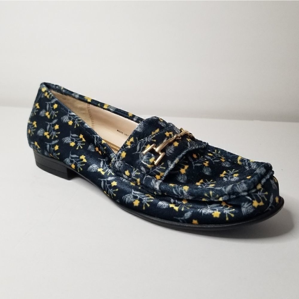 Cabi loafers blue velvety feel with yellow flowers